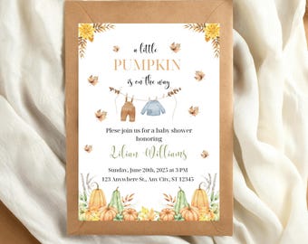 Pumpkin Fall Watercolor Baby Shower Invitation Template 5x7 Editable Canva Instant Download