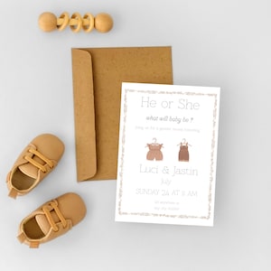 Faire-part révéler le sexe de lui ou elle, modèle vintage sur toile modifiable, carte neutre pour baby shower, inviter ce que bébé sera bohème, imprimable