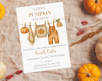 Baby Shower Invitation Template pumpkin fall watercolor neutral 5x7 Editable Canva Instant Download