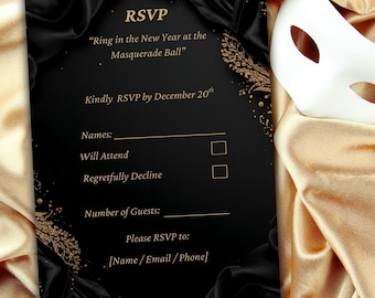 Masquerade Ball RSVP Card – Black and Gold, Editable Template (Instant Download)