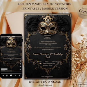 Invitación para Baile de Máscaras Dorado - Plantilla editable de Canva - Formato 5x7" y para móviles - Descarga inmediata