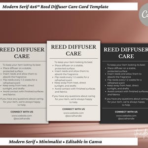 Puede incluir: Tres tarjetas de cuidado de difusor de caña en beige, blanco y negro. Cada tarjeta presenta el título "Reed Diffuser Care" e instrucciones de uso. Las tarjetas incluyen el sitio web y el identificador de redes sociales para contacto.