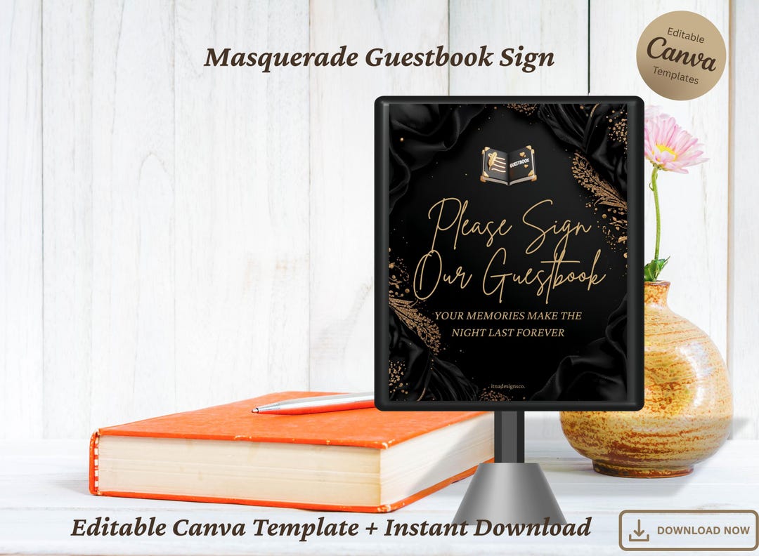 Masquerade Guestbook Sign – Black & Gold, 8x10