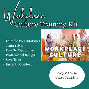 May include: A digital Workplace Culture Training Kit template featuring a teal background with white text. It includes an editable presentation, team trivia, and a photo of people celebrating with confetti under the text Workplace Culture.