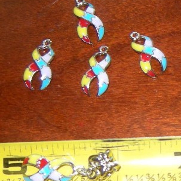 Autism/Asperger's, Jigsaw/Puzzle Parts, Enamel and Silver Awareness, Small Ribbon Charms/Pendants, Lot of 3