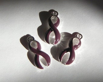 Dark Purple Awareness, Small Ribbon Charms/Pendants, Bright Silver, Lot of 10