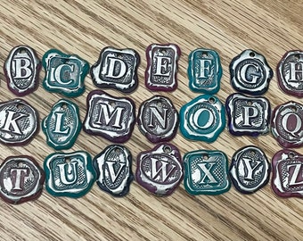 Complete Set of 26 Wax Seal Initial Alphabet Charms, Silvertone and Enamel, Purple, Teal Green, Turquoise Blue, Berry/Fuchsia Pink