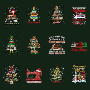 May include: A collection of Christmas-themed designs on a dark green background. The designs feature sewing machines, Christmas trees, and festive text like "Christmas Sewing" and "Merry Christmas".