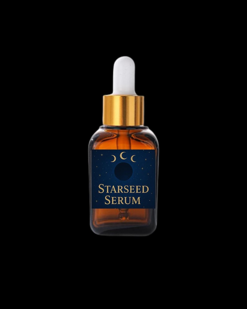 May include: A small, amber-colored glass bottle with a gold-colored cap and white dropper. The bottle has a label with the words "STARSEED SERUM" in white text, and a dark blue background with a crescent moon design.