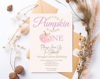Eerste verjaardagsuitnodiging roze pompoen: bewerkbare sjabloon herfstfeest (digitale download)