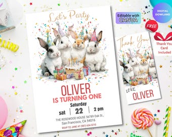Bunny Birthday Invitation Template, Editable Rabbit Party Invite, Cute Animal Theme, Digital Download