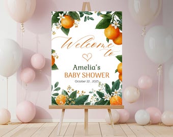 Välkomstskylt för liten sötnos för babyshower, babyshowerdekor med orange citrusmotiv, redigerbar mall
