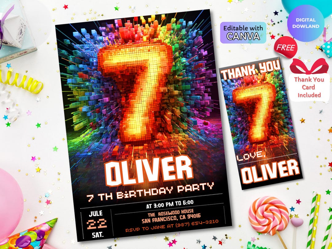 7th Birthday Invitation Template, Editable Kids Party Invite, Colorful ...