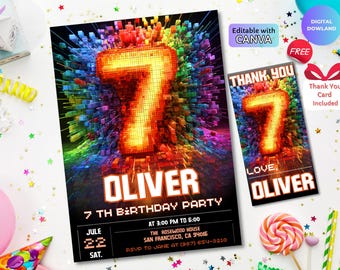 7th Birthday Invitation Template, Editable Kids Party Invite, Colorful Digital Download