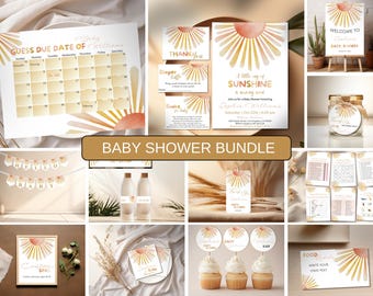 Paquete para Baby Shower "Sol", Invitaciones "Rayito de Sol", Juegos para Baby Shower "Sol Boho", Decoraciones Neutras "Sol" para Bebé Niña