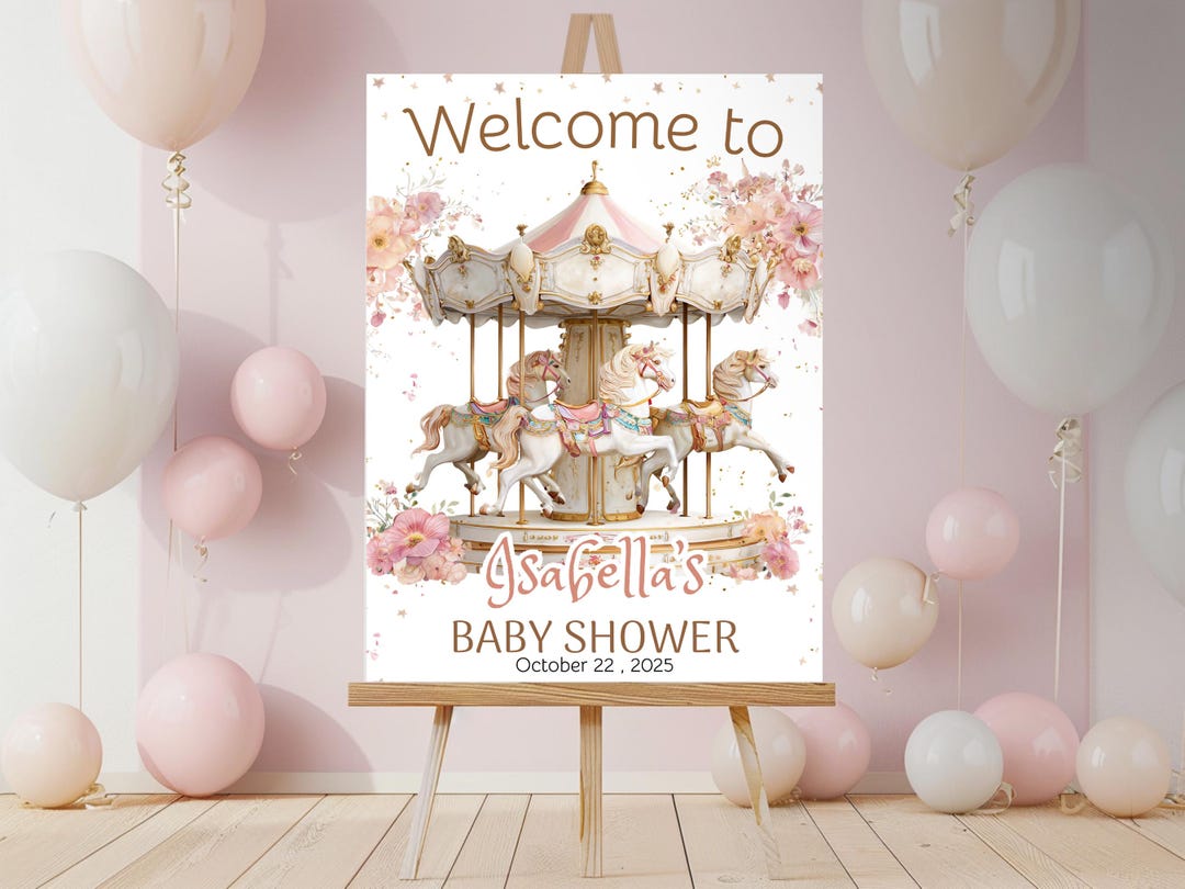 Carousel Baby Shower Welcome Sign, Editable Pink Floral Girl Baby ...