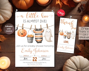 Editable Halloween Baby Shower Invitation, A Little Boo Clothesline Theme, Cute Pumpkin Ghost Baby Party Template