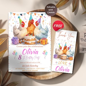 May include: Birthday party invitation featuring watercolor chickens wearing party hats, a cake, and gift boxes. The invitation reads "Come join the celebration! Olivia 8 The Birthday Party" with event details. A matching thank you card is included.