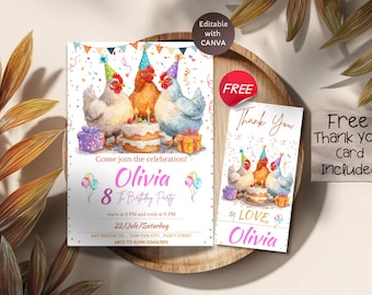 May include: Birthday party invitation featuring watercolor chickens wearing party hats, a cake, and gift boxes. The invitation reads "Come join the celebration! Olivia 8 The Birthday Party" with event details. A matching thank you card is included.