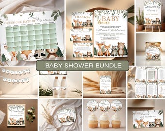 Pacchetto modificabile per baby shower nel bosco, set di inviti per baby shower con animali del bosco, pacchetto di giochi per baby shower nel bosco