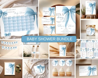 Blue Bow Baby Shower Invitation Bundle, Coquette Baby Boy Invitation & Games Set, Light Blue Ribbon Baby Shower Decor, Bow Party Templates