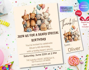 May include: A birthday invitation with a watercolor illustration of teddy bears wearing party hats, holding gifts, and a cake. The invitation text reads "Join us for a Beary Special Birthday" and includes event details. A matching thank you card is also included.
