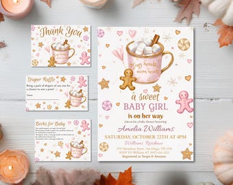 Editable Pink Winter Baby Shower Invitation, Hot Chocolate Baby Shower Invite, Gingerbread Cookie Party Template
