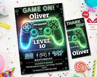 Invito di compleanno a tema videogiochi, invito per festa di videogiochi verde neon, tema di gioco Level Up, modello Canva modificabile, compleanno per bambini