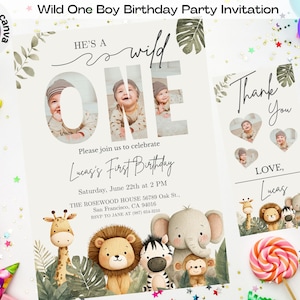 Editable Wild One Boy Birthday Invitation, Safari Animal Birthday Invitation, 1st Birthday Invite with Photo, Boho First Birthday Jungle