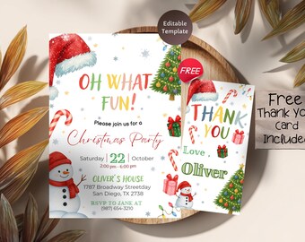 May include: Christmas party invitation with a Santa hat, snowman, and candy cane illustrations. The invitation reads "Oh What Fun!" and includes event details. A matching "Thank You" card is also shown.