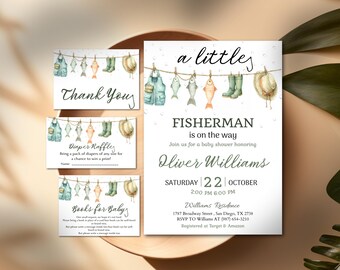 A Little Fisherman Baby Shower Invitation Bundle, Editable Fishing Theme Invite, Boy Baby Shower Template, Green Fishing Party