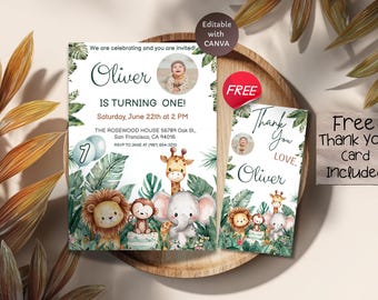 Editable Safari Birthday Invitation with Photo, Jungle Animal Party Invite, Wild One Birthday Template, Baby Safari Theme