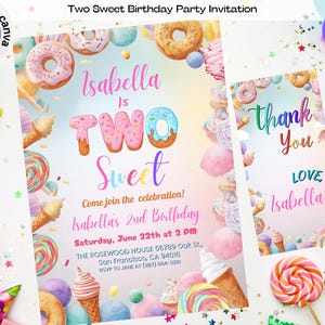 Zwei süße Geburtstagseinladung, 2. Geburtstagskind einladen, Donut Candy Dessert Party, bearbeitbare Vorlage, druckbarer digitaler Download