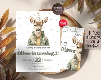 Invito di compleanno a tema cervo, invito per festa mimetica, compleanno per bambini a tema animali del bosco, modello modificabile, invito per festa a tema animali