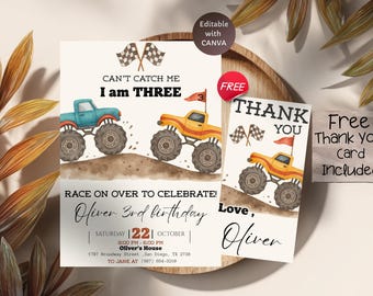 Monster Truck Birthday Invitation, Race Car Party Invite, Editable Template, Boys 3rd Birthday, Digital Download