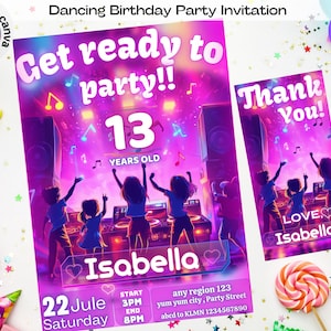 Bewerkbare verjaardagsuitnodiging DJ dansfeest, aangepaste verjaardagsuitnodiging dansfeest, uitnodiging dansfeestje, uitnodiging meisjes, uitnodiging meisjes, themafeest dans