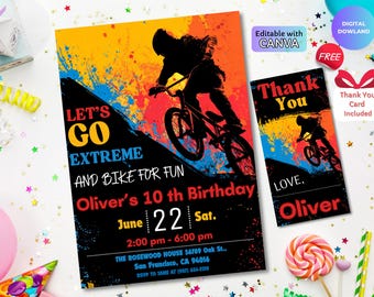 Bike Birthday Invitation, BMX Party Invite, Graffiti Theme, Boys Birthday Invitation, Editable Template