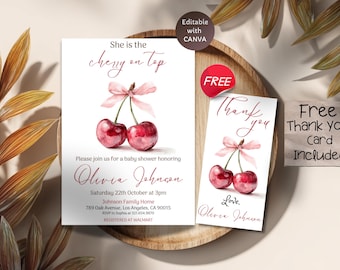 Cherry Baby Shower Invitation, Pink Bow Baby Shower Invite, Editable Template, Berries Theme Party