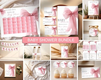 Pink Bow Baby Shower Invitation Bundle, Coquette Baby Girl Invite & Games Set, Blush Ribbon Baby Shower Decor, Bow Party Templates