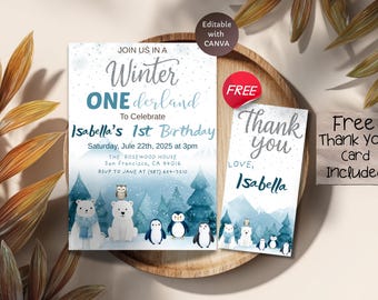 May include: A winter-themed invitation and thank you card set. The invitation reads "Winter ONE derland" to celebrate Isabella's 1st birthday. The thank you card says "Thank you, Love, Isabella". The design features polar bears, penguins, and snowy trees.