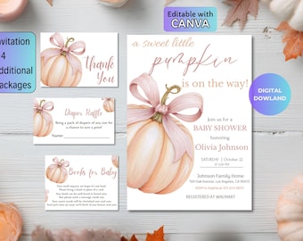 Set di inviti per baby shower a tema "Dolce Zucca", pacchetto per baby shower autunnale, modello modificabile, tema "Zucca Rosa", download digitale