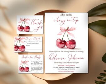 Paquete de invitaciones para baby shower con temática de cerezas, lazo rosa, plantilla editable, fiesta temática de bayas