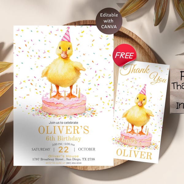 Duckling Birthday Invitation, Cute Duck Party Invite, Editable Template, Printable Digital Download