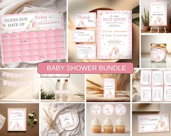 Silly Goose Baby Shower Invitation Bundle, Pink Gingham Daisy Goose Printable Decor