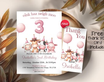 Farm Animal 3rd Birthday Invitation, Editable Pink Barnyard Party Invite, 3rd Birthday Farm Theme, Three Birthday Invite