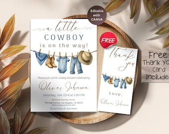 Cowboy Baby Shower Invitation, Western Clothesline Theme, Editable Template, Little Cowboy Party Invite