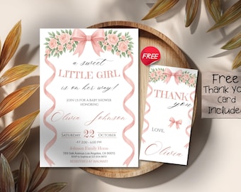 Pink Bow Baby Shower Invitation, Girl Baby Shower Invite Template, Floral Ribbon Baby Shower Invitation