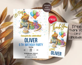 Eidechse Geburtstagseinladung, Bartdrache Party einladen, Reptil Thema Geburtstag, bearbeitbare Vorlage, digitaler Download