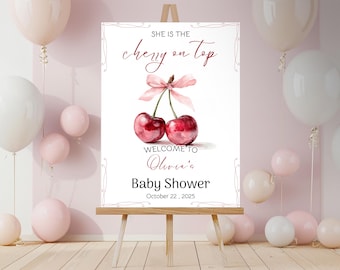 Cherry Baby Shower Welcome Sign, Cherry on Top Sign, Pink Coquette Bow Baby Shower Decor, Cherry Girl Baby Shower Poster