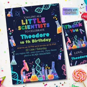 May include: A dark blue birthday invitation and thank you card set with a science theme. The invitation reads "Calling all Little Scientists to Celebrate Theodore's 10th Birthday." Includes colorful lab equipment illustrations and DNA strands.
